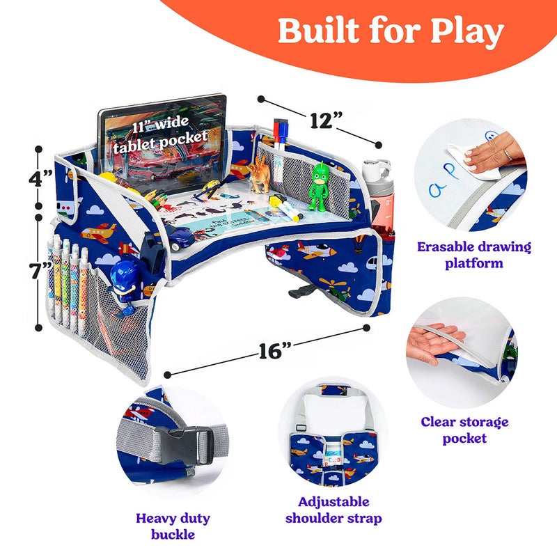 PILLANI Kids Travel Tray for Car - Toddler Airplane Travel Essentials w/ Activity Sheets, Pens & Dry Erase Board - Kids Travel - Must Have Toddler Lap Desk Organizer for Airplane - Travel Accessories - Image 4