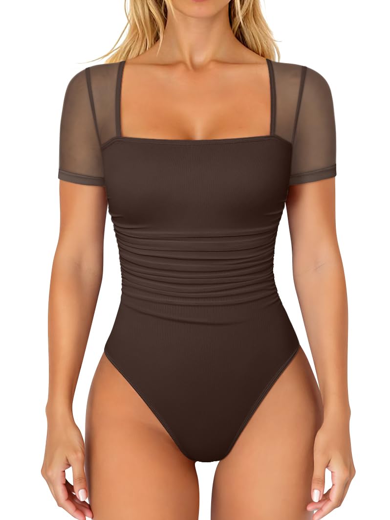 OQQ Women Short Sleeve Bodysuit Square Neck Tummy Control Shapewear Mesh Ruched One Piece Leotard Shirts Going Out Tops Darkbrown - Image 1