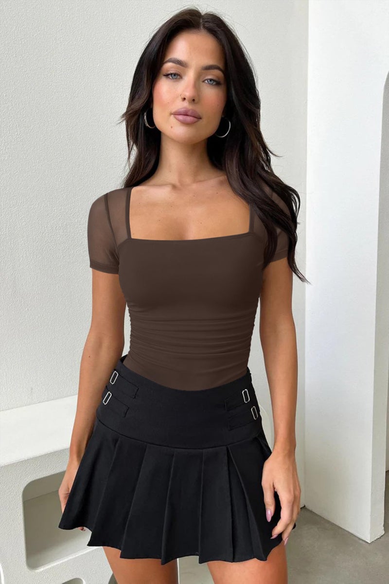 OQQ Women Short Sleeve Bodysuit Square Neck Tummy Control Shapewear Mesh Ruched One Piece Leotard Shirts Going Out Tops Darkbrown - Image 5