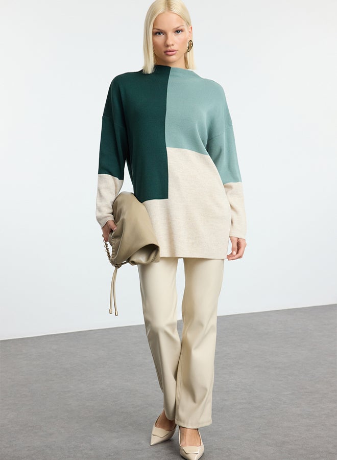 trendyol Green Color Blocked Stand Collar Knitwear Sweater Tctaw22Ak0054 - Image 1