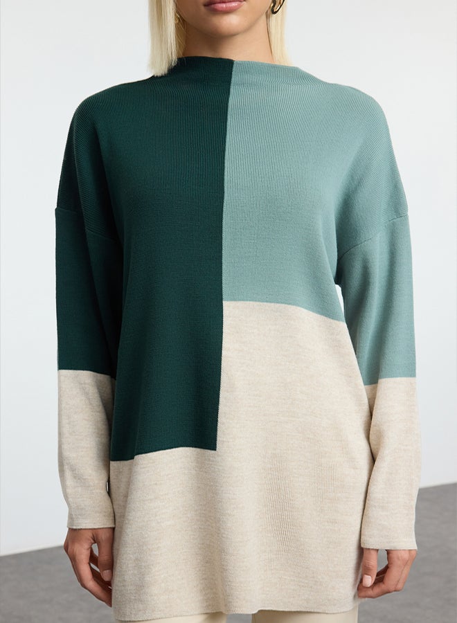 trendyol Green Color Blocked Stand Collar Knitwear Sweater Tctaw22Ak0054 - Image 3