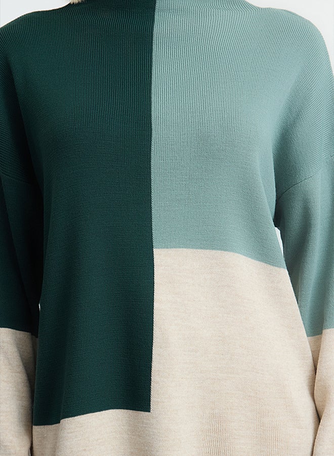trendyol Green Color Blocked Stand Collar Knitwear Sweater Tctaw22Ak0054 - Image 4