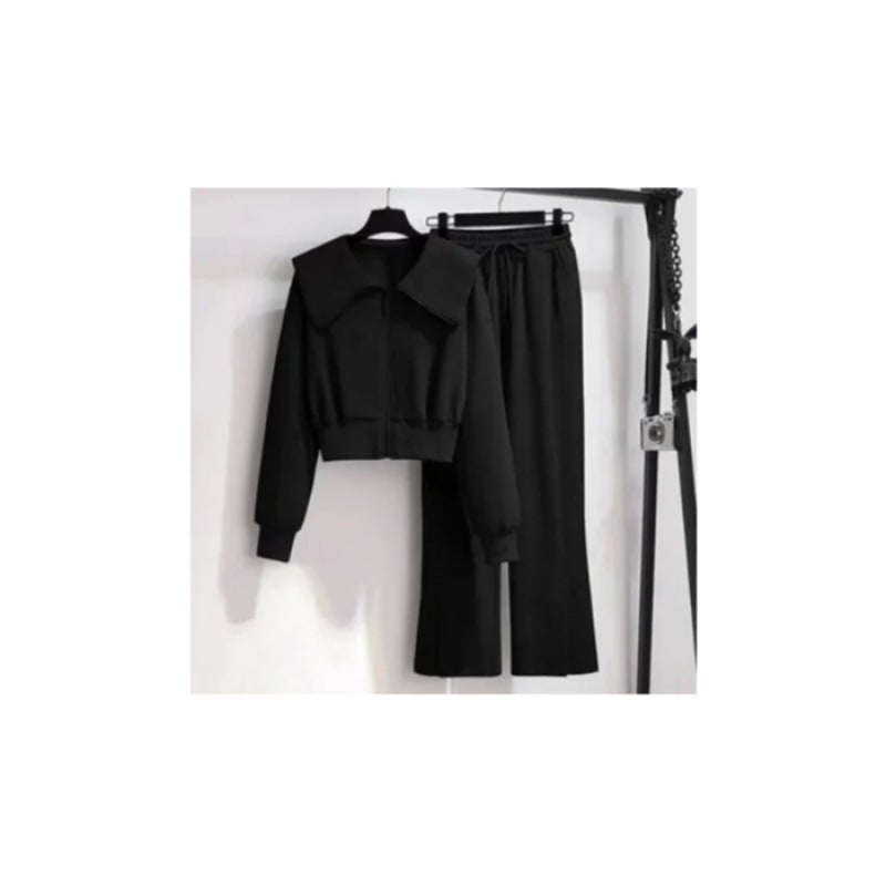 2024 New Womens Long Sleeve Jacket Sweatshirt High-Waisted Bell Bottoms Casual Sports Fashionable Two-Piece Suit Black