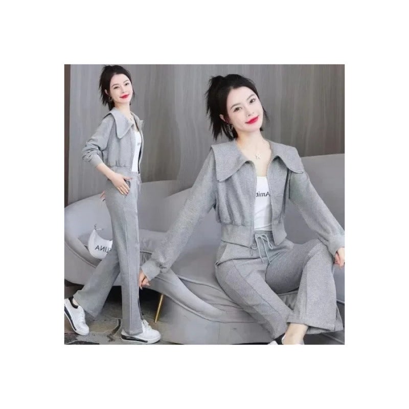 2024 New Womens Long Sleeve Jacket Sweatshirt High-Waisted Bell Bottoms Casual Sports Fashionable Two-Piece Suit Black