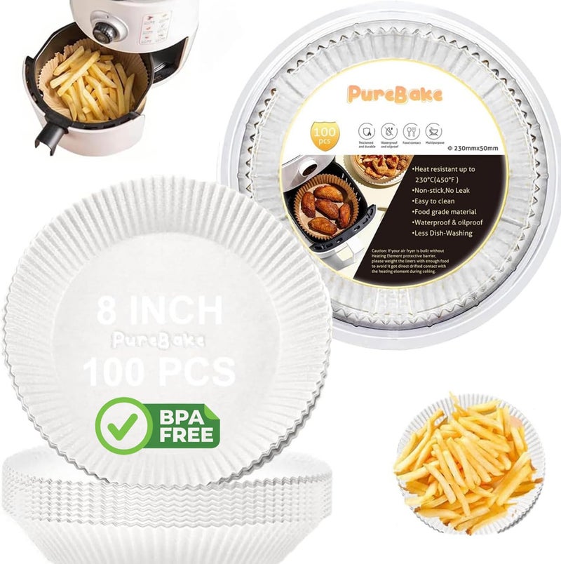 PureBake Air Fryer Paper Liners, 100Pcs Non-Stick Parchment Sheets for Air Fryer & Microwave, Bleach-Free Butter Paper Liner, Baking Plates & Rolls for Airfryer - (8IN) Round White - Image 1