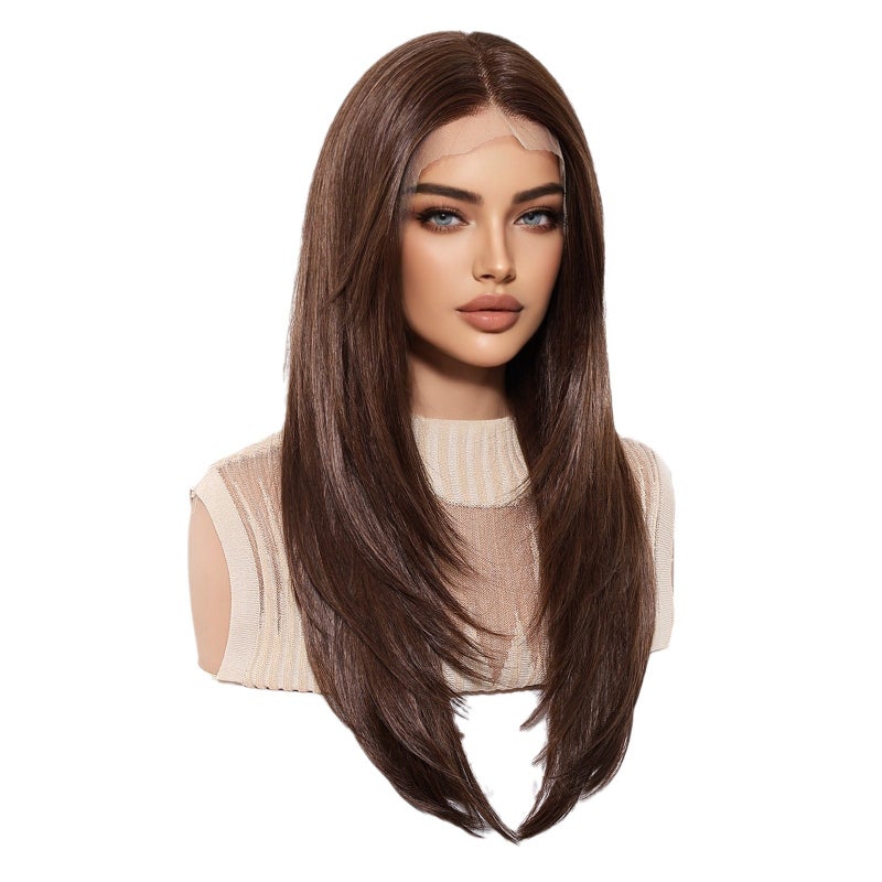 EMMOR Cross-Border 13*6 Lace Blue Shore Full Head Wig, Brown Medium-Length Straight Hair with Matte High-Temperature Fiber - Image 5