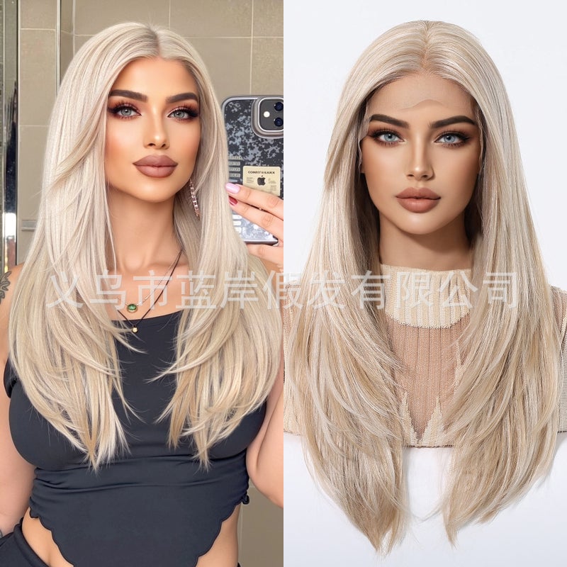 EMMOR Cross-Border 13*6 Lace Blue Shore Full Head Wig, Brown Medium-Length Straight Hair with Matte High-Temperature Fiber - Image 2