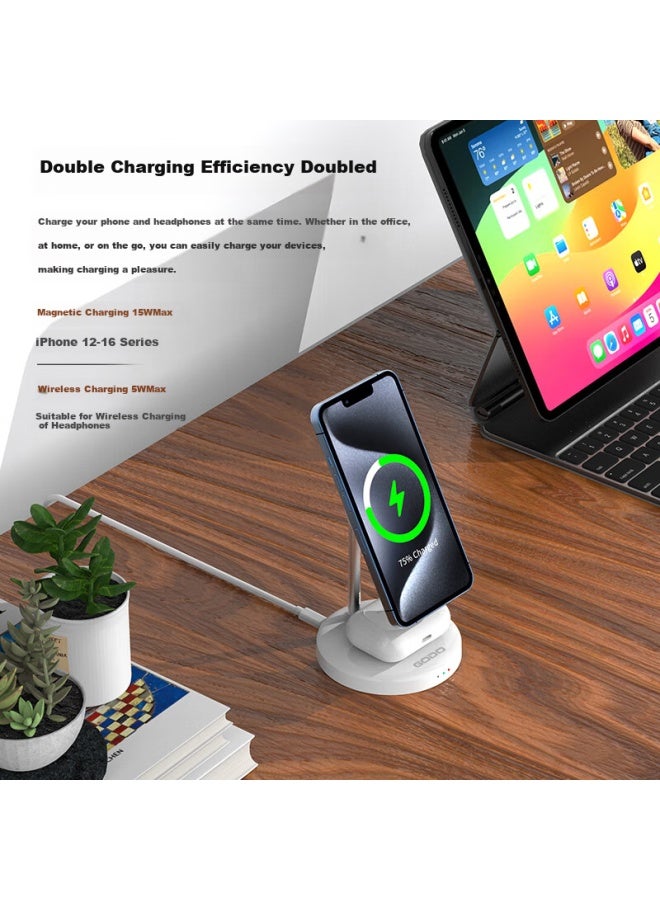 Gdgo 2-in-1 Wireless Charger Magsafe Magnetic 15w Phone Earphone Desktop Vertical Fast Charging Stand Base For Apple Iphone 16/15/14 Compatible With Qi2 - Image 1