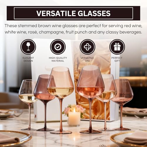 Khen Venus Wine Glass Sets, 20oz Glasses Set of 6 Melanin Brown Colored for Her, Mom, Wife, Girlfriend, Mama, Special Celebrations Color Drinkware Unique Style Tall Stemmed Amber Colors Bronze Glassware - Image 4