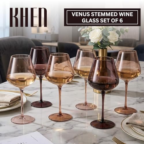 Khen Venus Wine Glass Sets, 20oz Glasses Set of 6 Melanin Brown Colored for Her, Mom, Wife, Girlfriend, Mama, Special Celebrations Color Drinkware Unique Style Tall Stemmed Amber Colors Bronze Glassware - Image 2