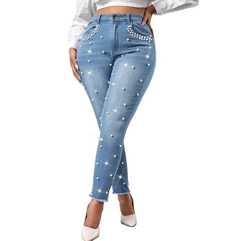 Ladyful Women's Pearls Skinny Jeans Butt Lifting High Waist Stretchy Rhinestones Denim Pants Light Blue - Image 1