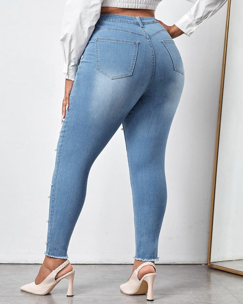 Ladyful Women's Pearls Skinny Jeans Butt Lifting High Waist Stretchy Rhinestones Denim Pants Light Blue - Image 4