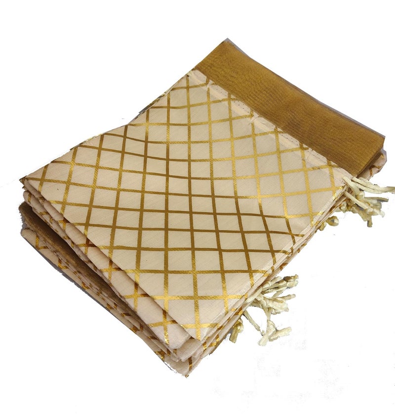 3A FEATURETAIL 13CM X 18CM Small Drawstring Bags Pouches Potli for Gift Wedding Jewelry Packaging Bridal Party Favors for Women (10 Pc Pack, Cream Color Golden Berfi Print) - Image 3
