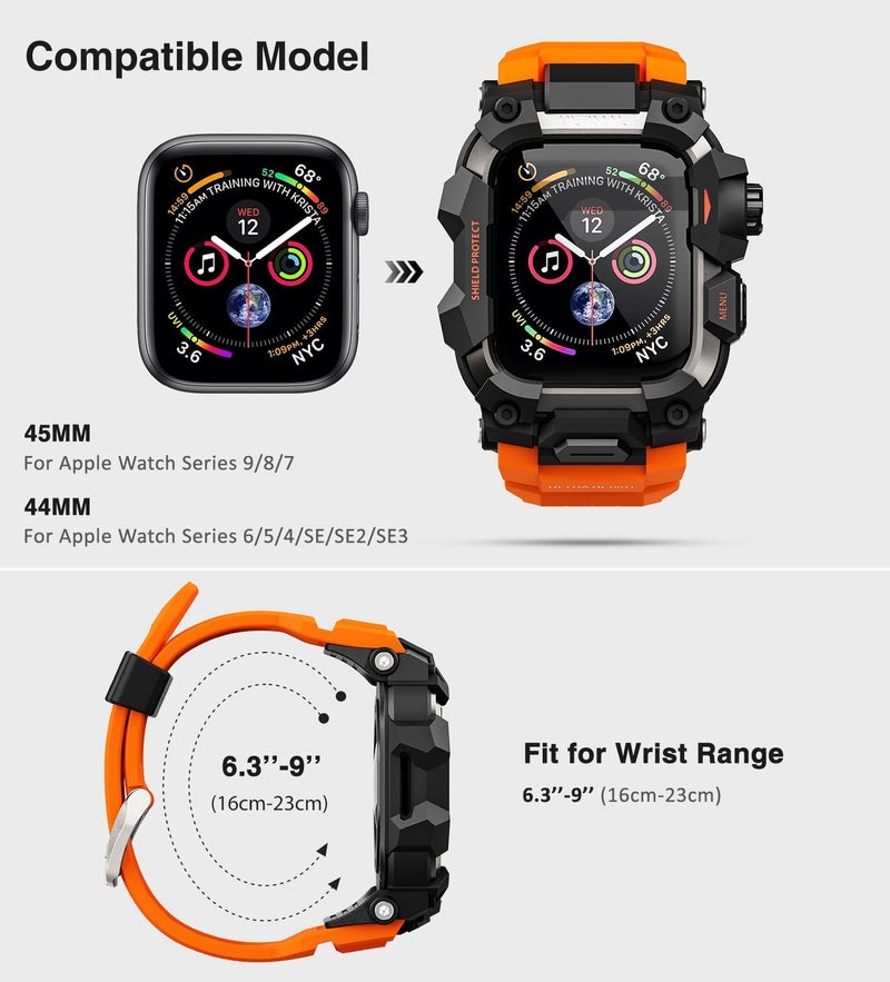 ULTIMAL Rugged Case with Band for Apple Watch Band 45mm,Compatible with Apple Watch Series 9/8/7 45mm,Military Grade Shockproof Bumper Cover for iWatch Tactical Band Men (Orange, 45mm) - Image 2