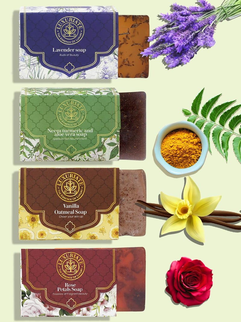 LUXURIATE Combo of Rose Neem Turmeric Aloevera Vanilla Lavender Soap 125gm Pack of 4 Luxury Premium Soap Natural Soap Handmade Organic Soap - Image 1