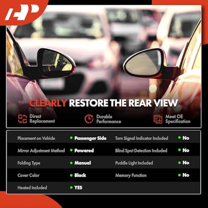 HP Passenger Side Power Door Mirror Compatible With Toyota Corolla 2009 2010 2011 2012 2013  Heated Manual Folding Black Outside Rear View Mirror  North America Built  Replace 8791012D60 - Image 3