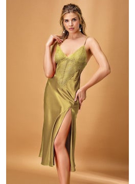 Nurteks 7136X Women's Large Size Satin Rope Strap Slit Detailed Long Nightgown - Green 