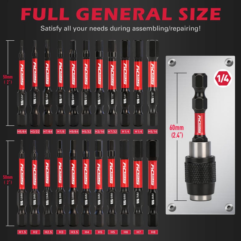 SEDY 23-Piece Magnetic Hex Head Allen Wrench Drill Bit Set with 2.4" Impact Bit Holder, 1/4" Hex Shank Hex Bits, SAE & Metric Hex Screwdriver Bit Set, S2 Steel Allen Key, Mechanic Home Repair - Image 2