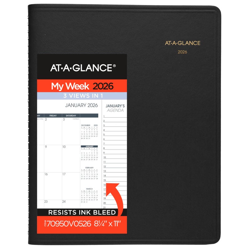AT-A-GLANCE 2026 Appointment Book Planner, Weekly & Monthly, 8-1/4" x 11", Quarter-Hourly, Triple View, Black (70950V0526) - Image 1