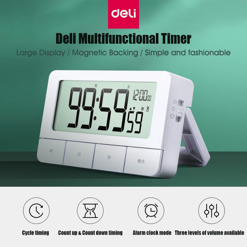 Deli Multifunctional Timer Digital Kitchen Timer with Big Digits Magnetic Backing 12/24 Hour Clock Alarm Count Up & Count Down Timer for Cooking Baking Studying Sports Games Office School - Image 3