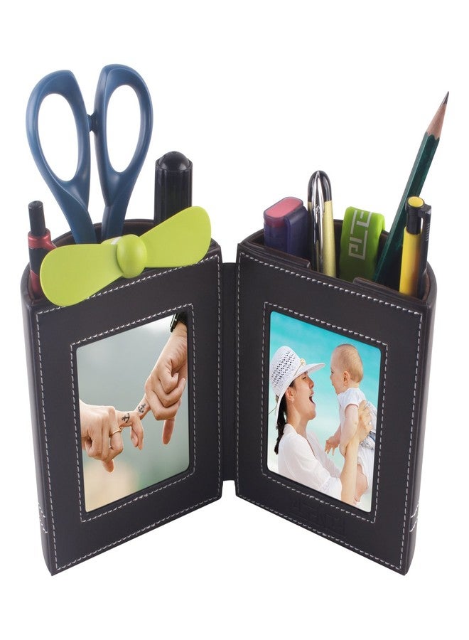 PLENTY Leather Pencil Cup Pen Holder with Photo Picture Frame, Desk Stationery Organizer with Magnetic Clasp for Home and Office Gift (Brown) - Image 1