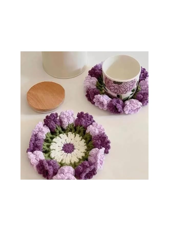 The Bros 4 قطع حامل أكواب كروشيه زهور يدوي، حامل أكواب/أواني زهور كروشيه ثلاثي الأبعاد، حوامل زهور مبتكرة محبوكة، حامل أكواب قهوة، حوامل ماكرامي لطيفة، زينة طاولة مكتب مطبخ منزلي، هدية حفلة - Image 2