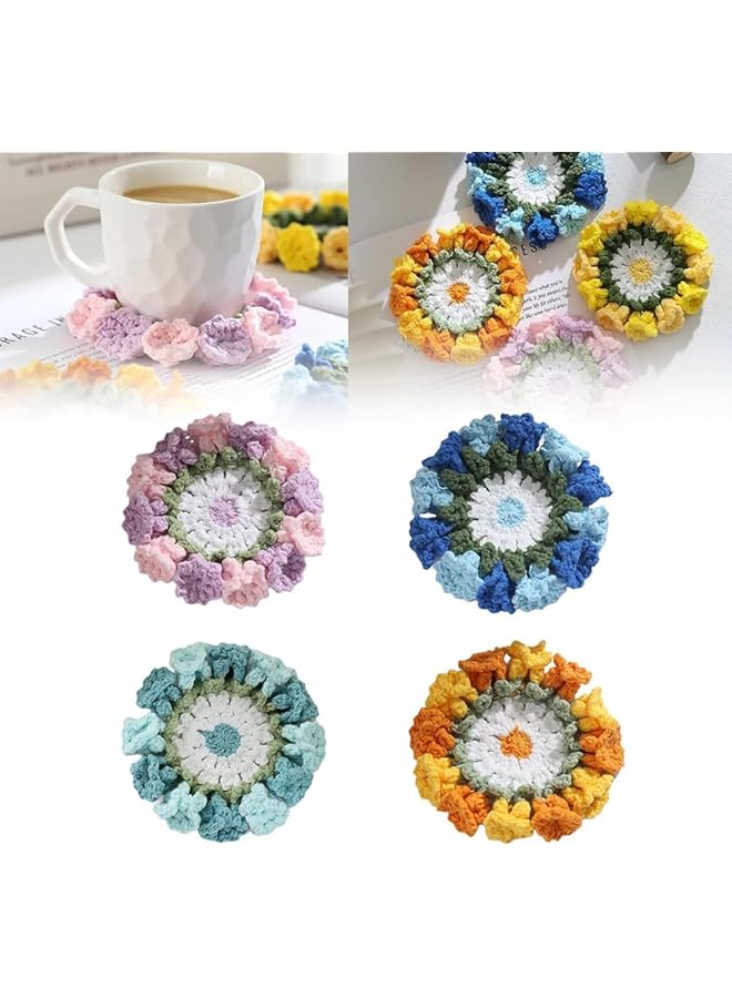 The Bros 4 قطع حامل أكواب كروشيه زهور يدوي، حامل أكواب/أواني زهور كروشيه ثلاثي الأبعاد، حوامل زهور مبتكرة محبوكة، حامل أكواب قهوة، حوامل ماكرامي لطيفة، زينة طاولة مكتب مطبخ منزلي، هدية حفلة - Image 1