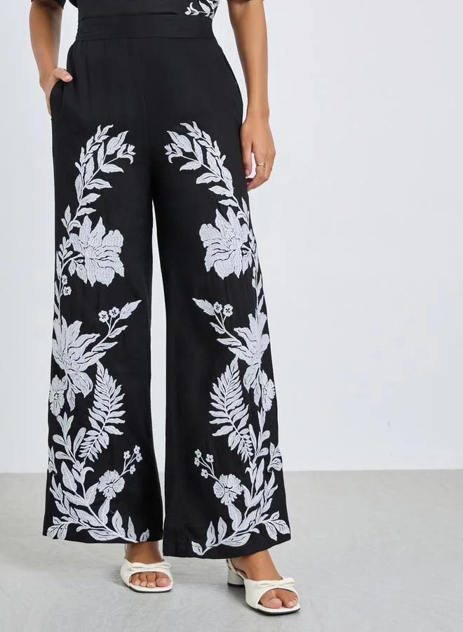 Styli Black Embroidered Wide Leg Pants