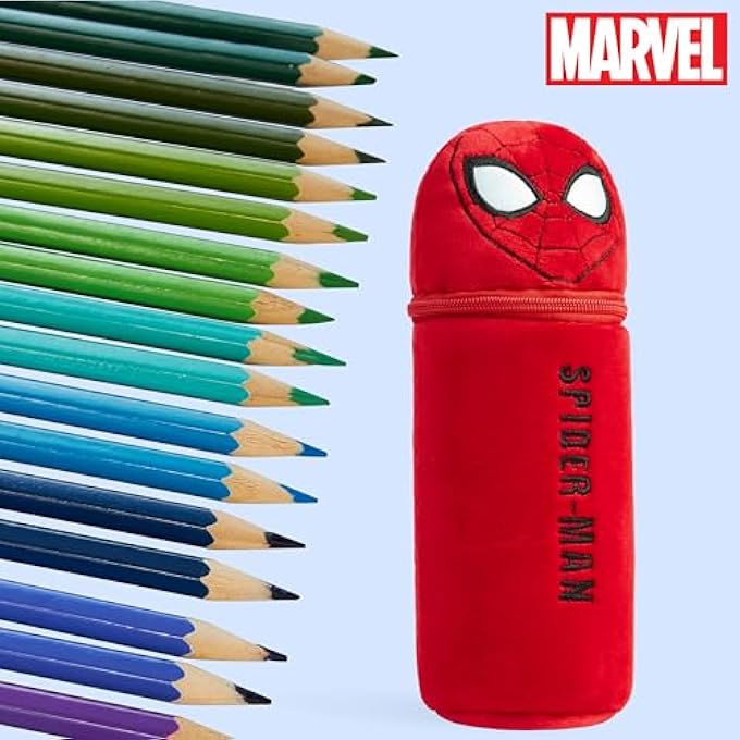 MARVEL PENCIL CASE WITH 48 COLOURING PENCILS INCLUDED - KIDS SPIDERMAN PLUSH FILLED PENCIL CASE - GIFTS FOR KIDS - Image 3