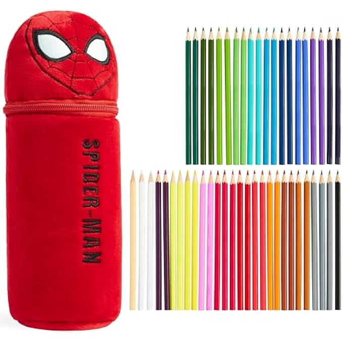 MARVEL PENCIL CASE WITH 48 COLOURING PENCILS INCLUDED - KIDS SPIDERMAN PLUSH FILLED PENCIL CASE - GIFTS FOR KIDS - Image 1