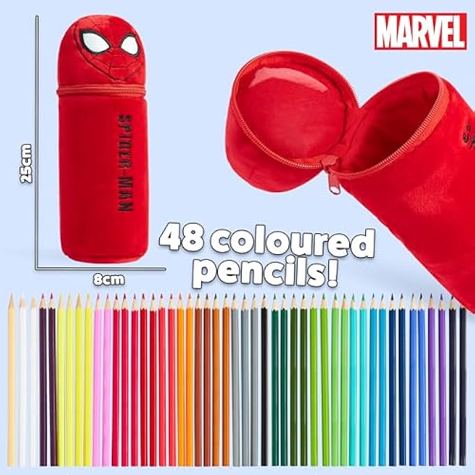 MARVEL PENCIL CASE WITH 48 COLOURING PENCILS INCLUDED - KIDS SPIDERMAN PLUSH FILLED PENCIL CASE - GIFTS FOR KIDS - Image 5