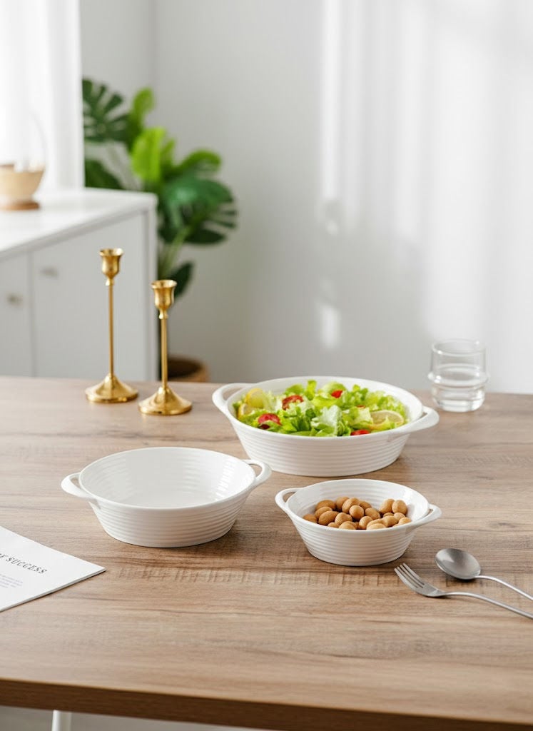3-Piece Round Porcelain Baking Dish Set with Handle White, Sizes: 7.25 inch + 9.25 inch + 11.25 inch - Image 1