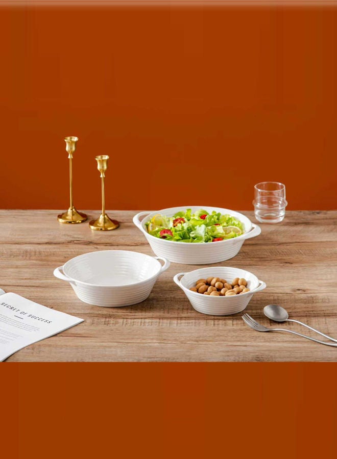 3-Piece Round Porcelain Baking Dish Set with Handle White, Sizes: 7.25 inch + 9.25 inch + 11.25 inch - Image 2
