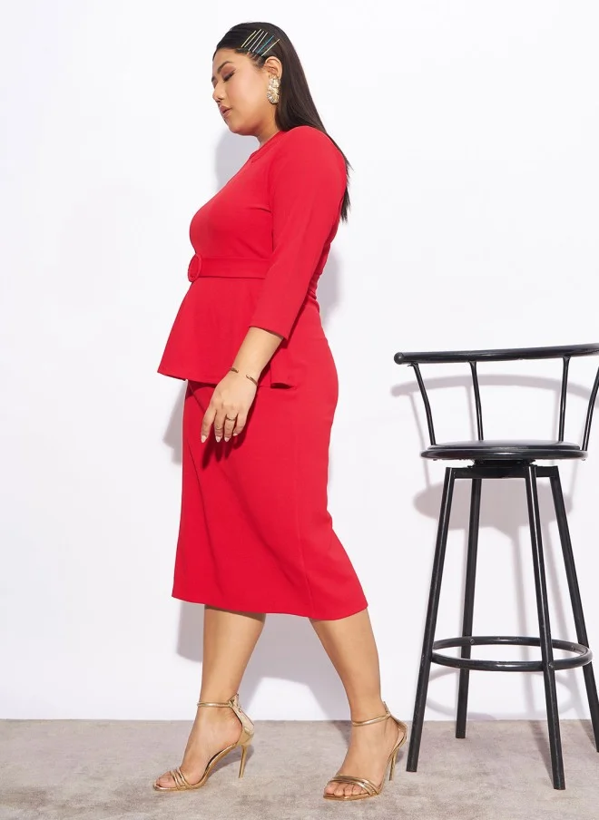 ساسافراس Curve Plus Size Red Peplum Dress for Women