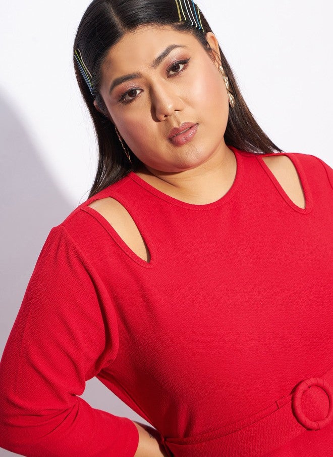 ساسافراس فستان نسائي أحمر بياقة بيبلوم مقاس كبير - Image 2