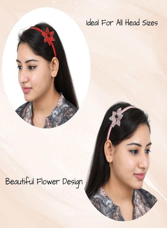 NNR Crystal Flower Hair Band for Girsl and Women (Pack of 2) Red & Pink - Image 4