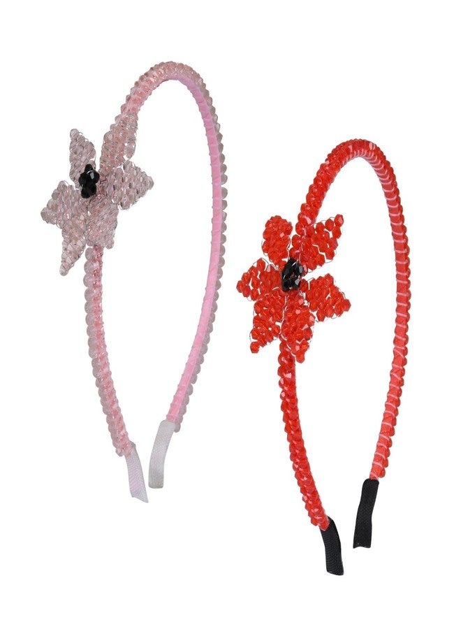NNR Crystal Flower Hair Band for Girsl and Women (Pack of 2) Red & Pink - Image 1