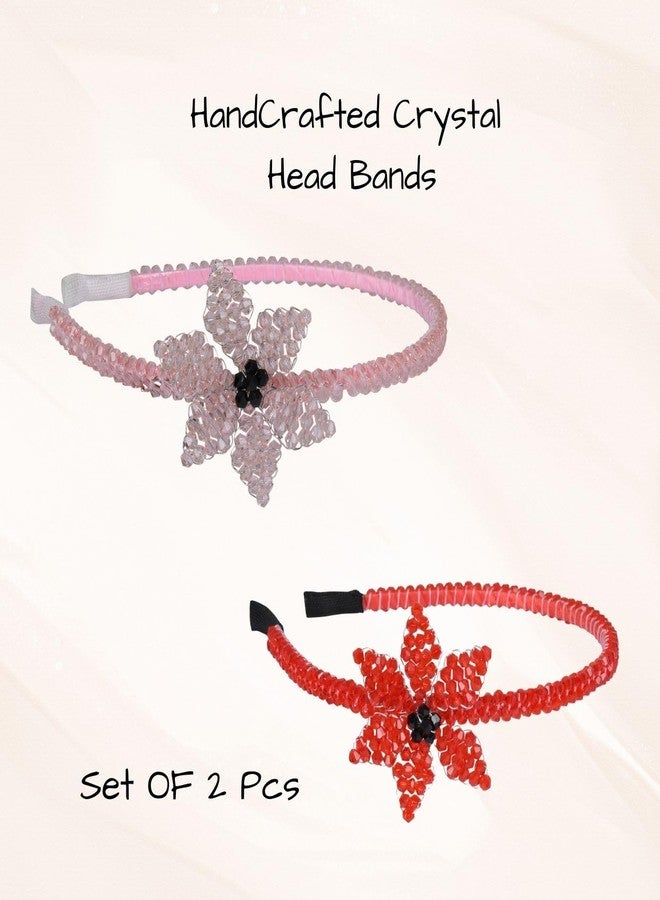 NNR Crystal Flower Hair Band for Girsl and Women (Pack of 2) Red & Pink - Image 3