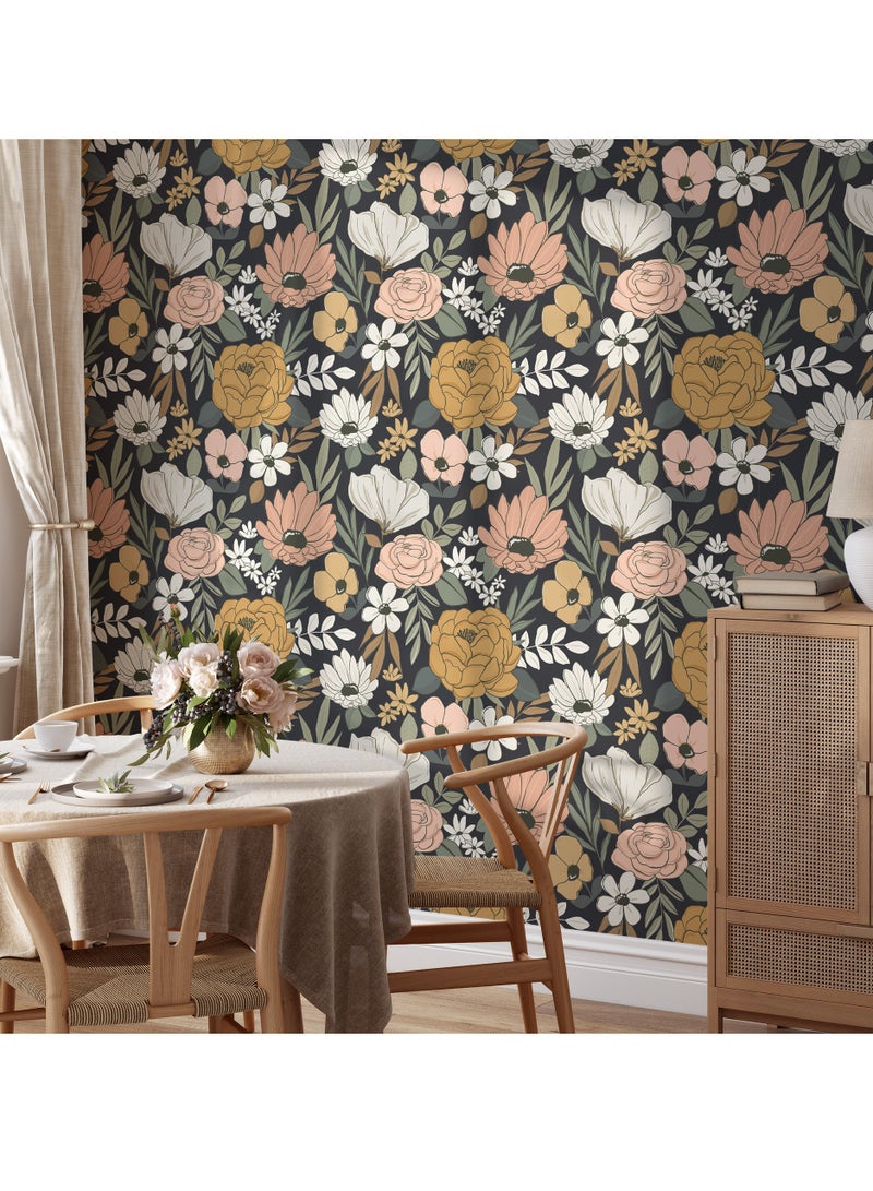 الأزرق جي دبليو خلفية غرفة المعيشة المنزلية، ورق جدران قابل للإزالة، بنمط زهور ملونة، ورق جدران ذاتي اللصق بدون فواصل. - Image 3