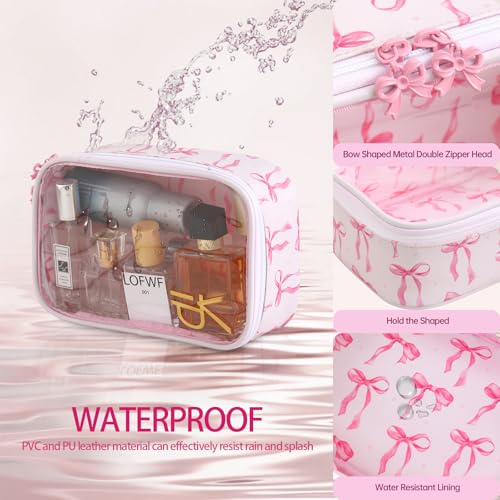 DYSHAYEN Clear Makeup Bag for Women Girls Small Travel Pink Bow Cosmetic Bag Cute Makeup Pouch for Purse Birthday Gifts for Girlfriend Mom Bridesmaid (Pink Bow B) - Image 3