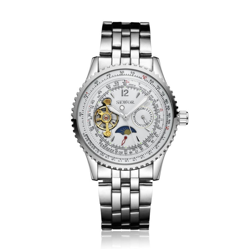 SEWOR Men's Business Mechanical Watch with Steel Band, Multifunctional Day-Date Moon Phase Open Heart Design, 35mm Round Dial, 625 Movement - White - Image 3