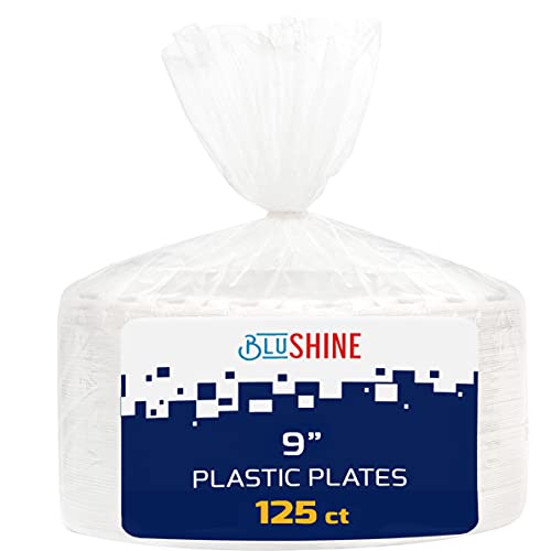 BluShine 125 Pack  9 Inch White Plastic Plates Disposable Strong and Sturdy