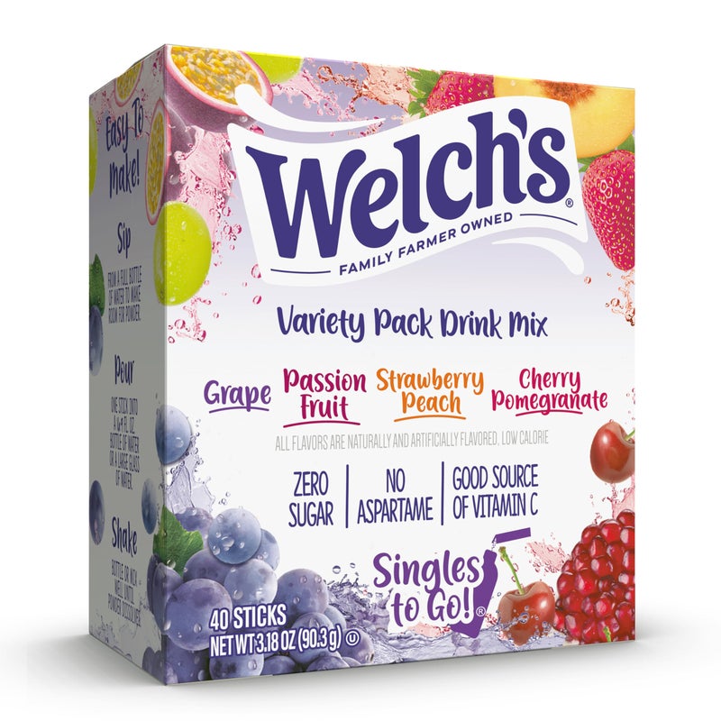 SINGLES TO GO! Welch's Singles To Go Variety Pack, Watertok Powdered Drink Mix, Includes 4 Flavors, Grape, Passion fruit, Strawberry Peach, Cherry Pomegranate, 1 Box (40 Servings) - Image 1