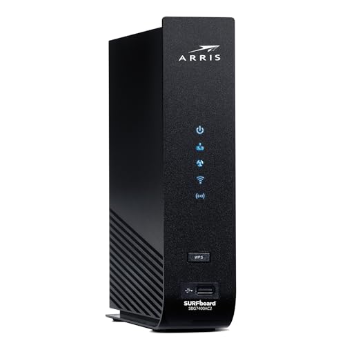 ARRIS مودم راوتر كومبو ARRIS SBG7400AC2 سريع DOCSIS 30 AC2350 واي فاي لكومكاست إكسفينتي كوكس تحقق مع مزود الخدمة للتوافق غير متوافق مع سبيكتروم أربعة منافذ 1 جيجابت في الثانية سرعة إنترنت قصوى 800 ميجابت في الثانية