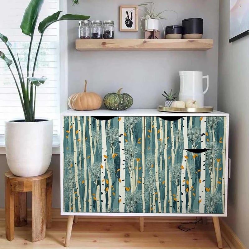 MuralPeel Blue/Green Abstract Art Tree Forest White Birch Falling Yellow Leaf Peel and Stick Wallpaper Self Adhesive Removable Easy Peel Off Contact Stick on Wall Paper for Bedroom Cabinet Renter - Image 5
