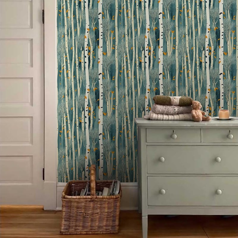 MuralPeel Blue/Green Abstract Art Tree Forest White Birch Falling Yellow Leaf Peel and Stick Wallpaper Self Adhesive Removable Easy Peel Off Contact Stick on Wall Paper for Bedroom Cabinet Renter - Image 3