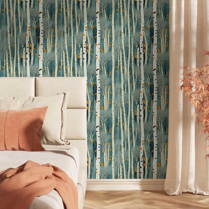 MuralPeel Blue/Green Abstract Art Tree Forest White Birch Falling Yellow Leaf Peel and Stick Wallpaper Self Adhesive Removable Easy Peel Off Contact Stick on Wall Paper for Bedroom Cabinet Renter - Image 2