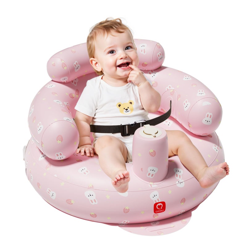 QPAU Inflatable Baby Seat with Safety Harness for Babies 3 Months & Up, Baby Floor Seats for Sitting Up, Baby Seats for Infants, Blow Up Baby Chair with Built in Air Pump (Pink Rabbit) - Image 1
