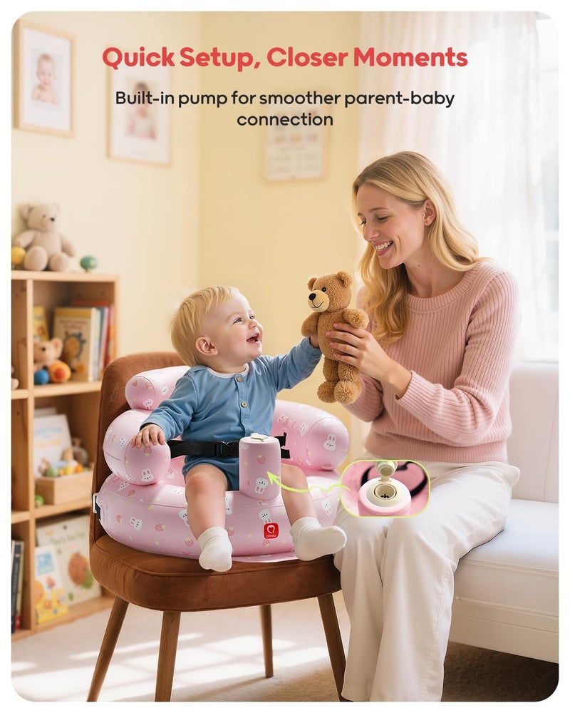 QPAU Inflatable Baby Seat with Safety Harness for Babies 3 Months & Up, Baby Floor Seats for Sitting Up, Baby Seats for Infants, Blow Up Baby Chair with Built in Air Pump (Pink Rabbit) - Image 2