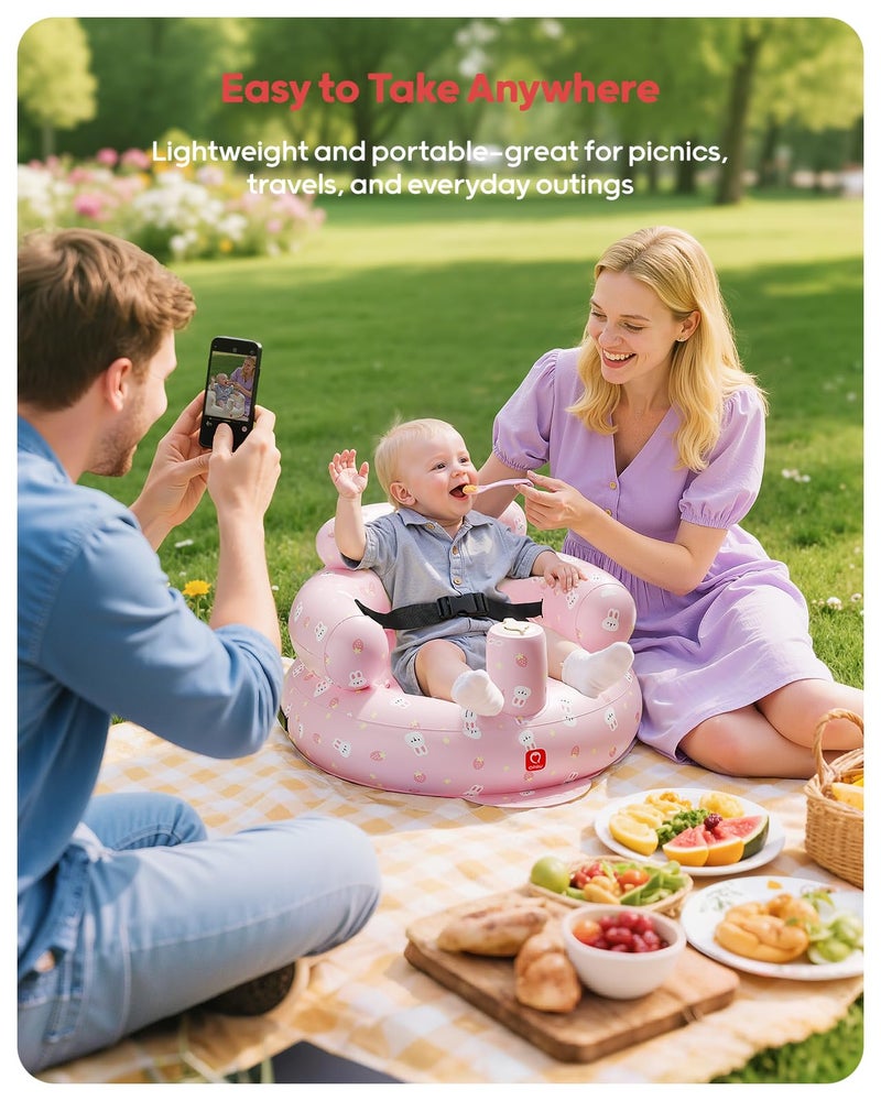 QPAU Inflatable Baby Seat with Safety Harness for Babies 3 Months & Up, Baby Floor Seats for Sitting Up, Baby Seats for Infants, Blow Up Baby Chair with Built in Air Pump (Pink Rabbit) - Image 4